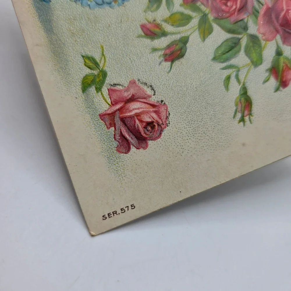 Vintage Best Wishes Pink Roses Blue Vase Embossed Postcard SER. 575